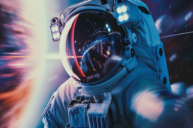 Astronaut in Space Suit with Earth Reflected in Helmet