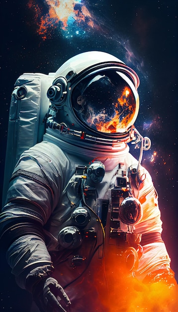 An astronaut in a space suit with a fire on his helmet