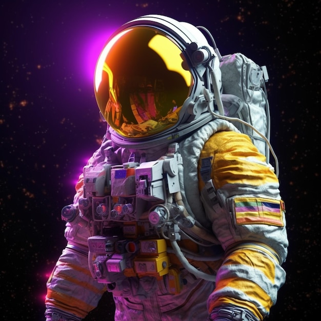 Astronaut in space suit with glowing helmet and purple background generative ai