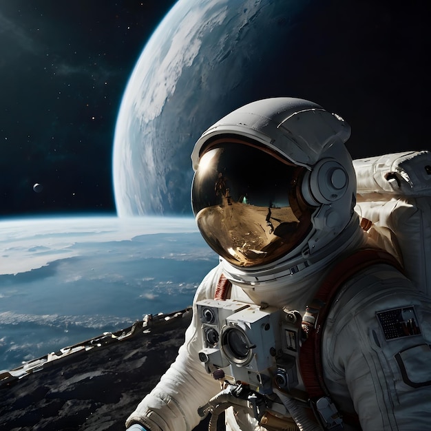 an astronaut in a space suit with the planet in the background