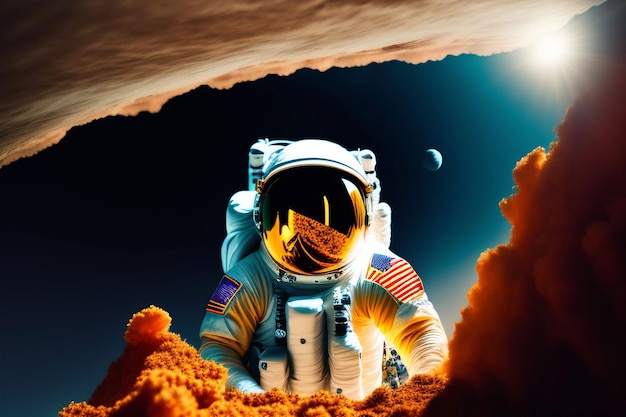 An astronaut in a space suit with a planet in the background.