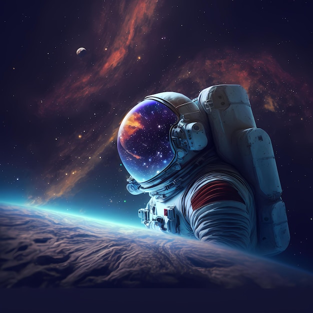 An astronaut in a space suit with a planet in the background.