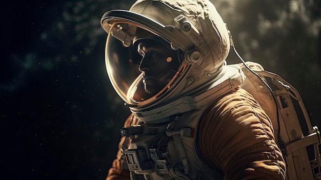 An astronaut in a space suit with the word astronaut on the back