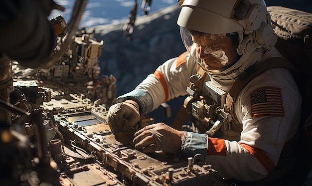 Photo astronaut in space suit working on model