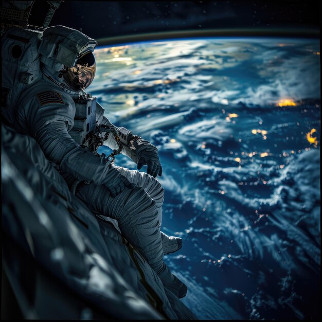 Photo astronaut in space viewing earth wide angle shot