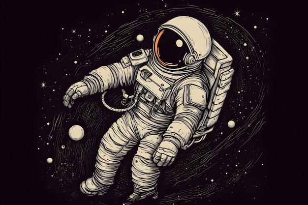 An astronaut in space with a black background.