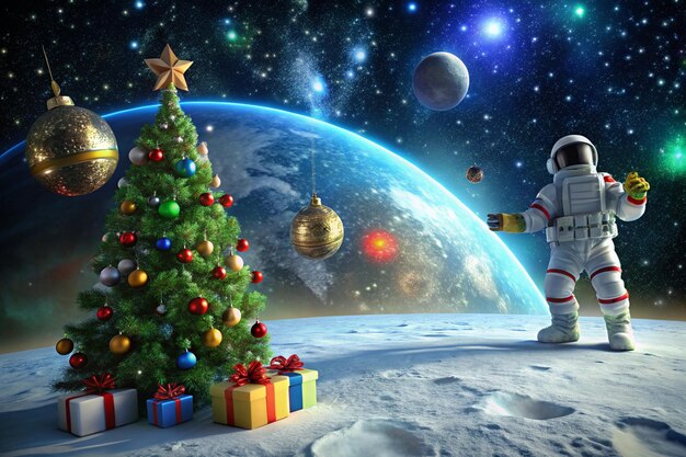 Photo an astronaut in a space with a christmas tree and a star on the moon