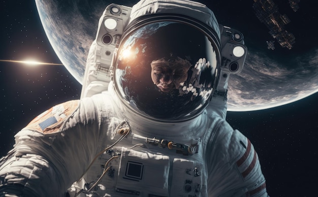 An astronaut in space with the planet in the background