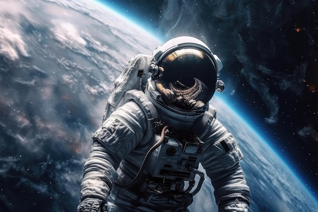 An astronaut in space with the planet earth in the background