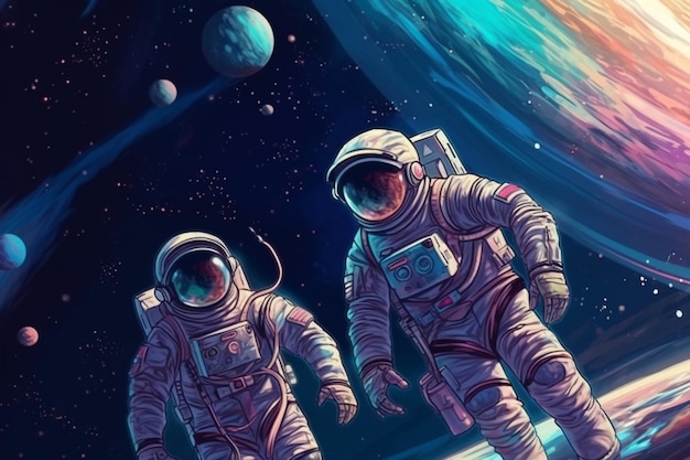 Astronaut in space with a planet and stars