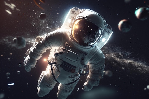 An astronaut in space with planets in the background