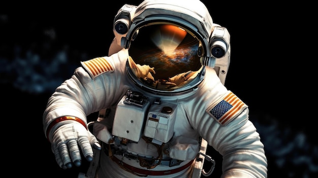 An astronaut in space with a reflection of the sun on his face.