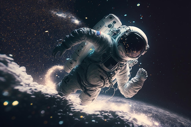 An astronaut in space with a rocket in the background