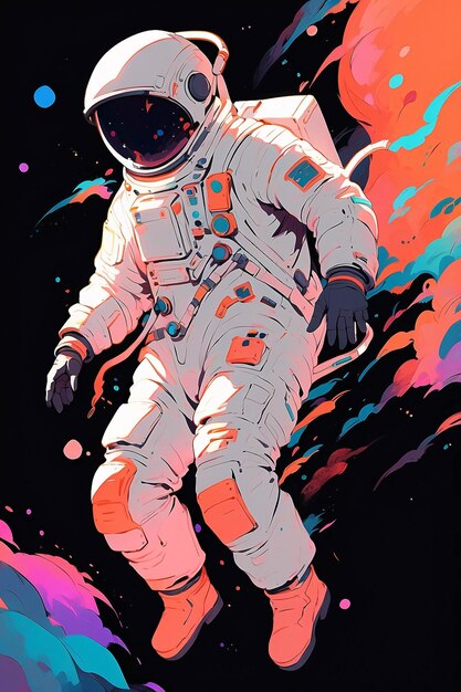 Photo astronaut in space with splash of colorful paint and planets illustration book cover design