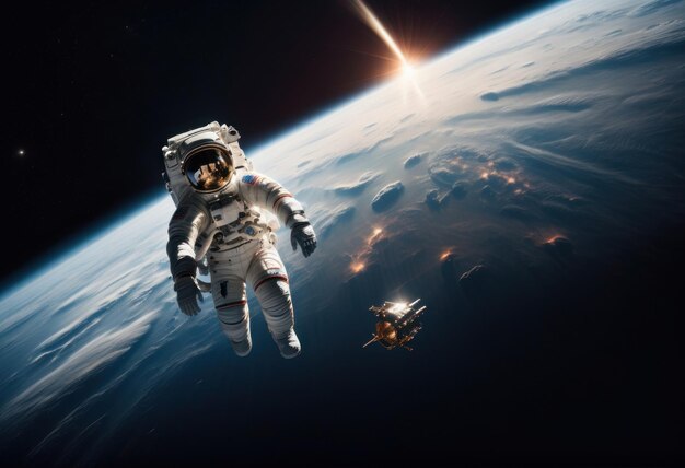 Photo astronaut in space with the sun behind him