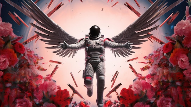 Astronaut in space with white wings and stars in the background AI generative