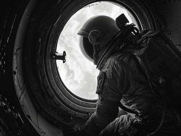 Photo astronaut in spacecraft interior looking out window in black and white