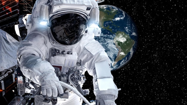 Astronaut spaceman do spacewalk while working for spaceflight mission