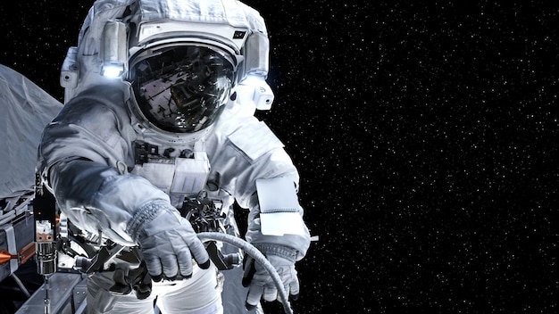 Astronaut spaceman do spacewalk while working for spaceflight mission