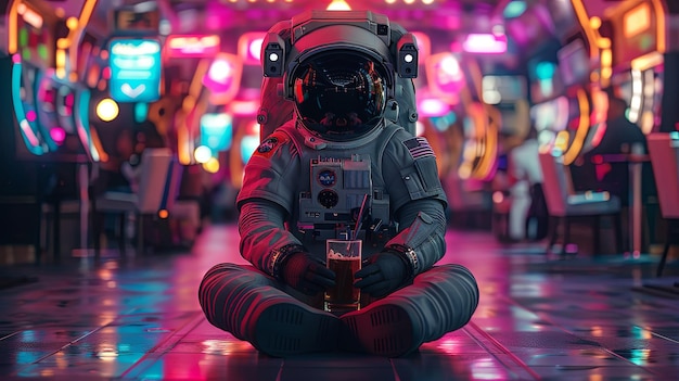 Astronaut in a spacesuit drinking beer bright blurred background Conceptual photography