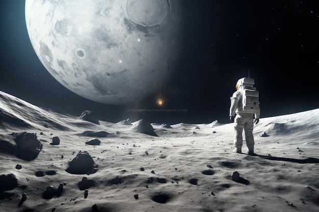 astronaut in spacesuit explores the surface of moon land orbital station expedition new planets