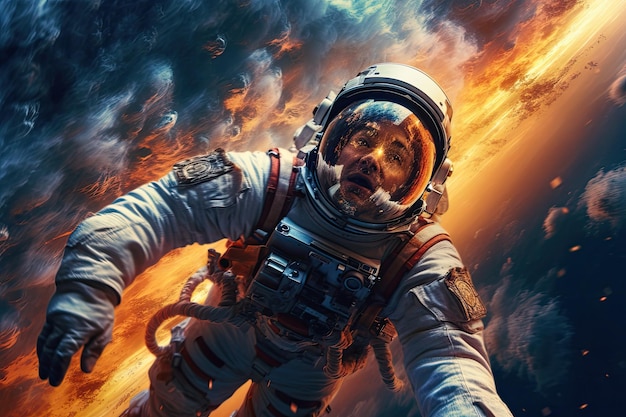 Astronaut in spacesuit exploring dark outer space