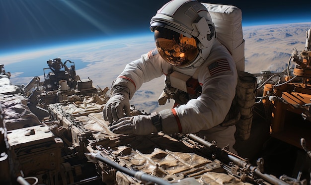 Astronaut in Spacesuit Floating Above Earth