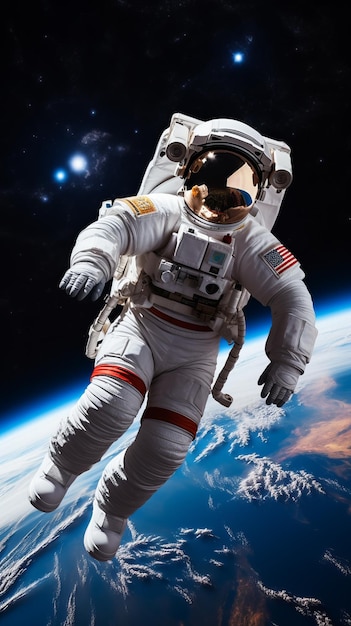 Astronaut in spacesuit floating in the vastness of space with Earth in the background