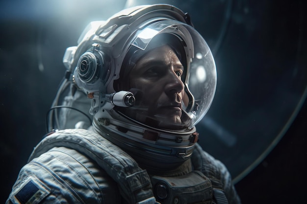 Astronaut in spacesuit looking at the camera in dark space Generative AI