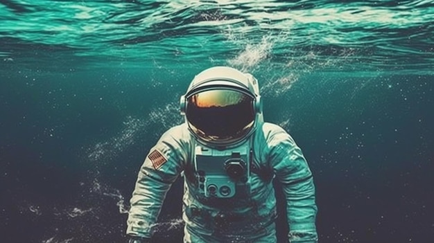 An astronaut in a spacesuit in the ocean with a lot of water generative ai