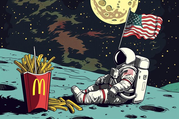 Astronaut in spacesuit plants US flag on moon surface McDonald fries and drink float nearby