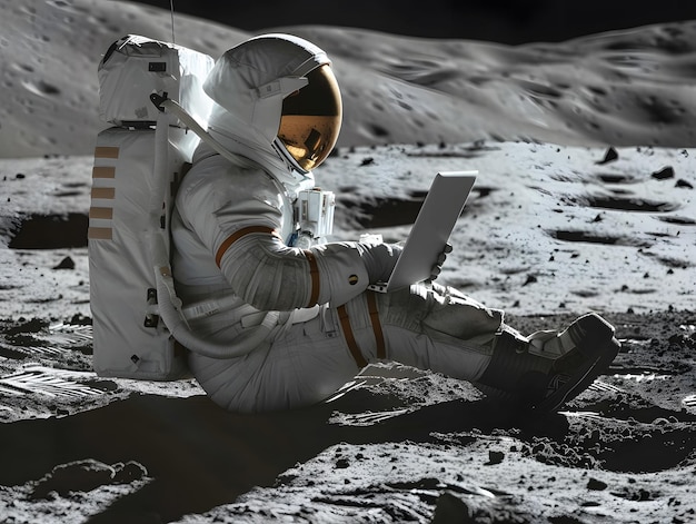 Photo an astronaut in a spacesuit sits on the surface of the moon neural network ai generated art