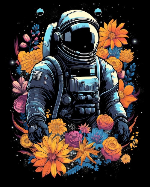 An Astronaut in a spacesuit in space and flowers Cute Funny Astronaut in Cartoon Style