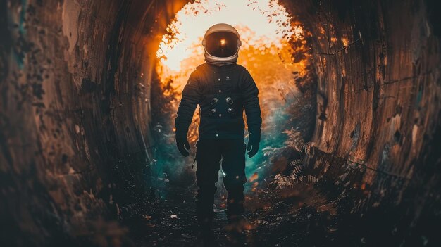 Photo astronaut in spacesuit walking through shuttle tunnel for a scientific moon mission adventure