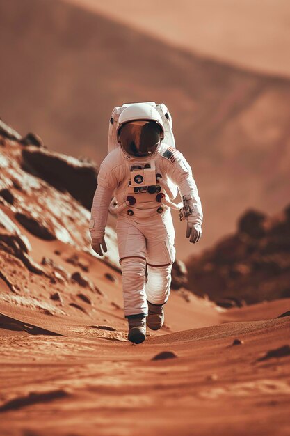 An astronaut in a spacesuit walks around the red planet and studies its mountains and deserts