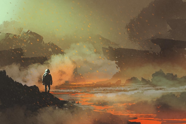 astronaut standing in abandoned planet with volcanic landscape,illustration painting