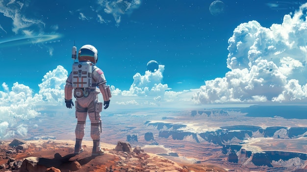 Astronaut standing on a barren alien landscape