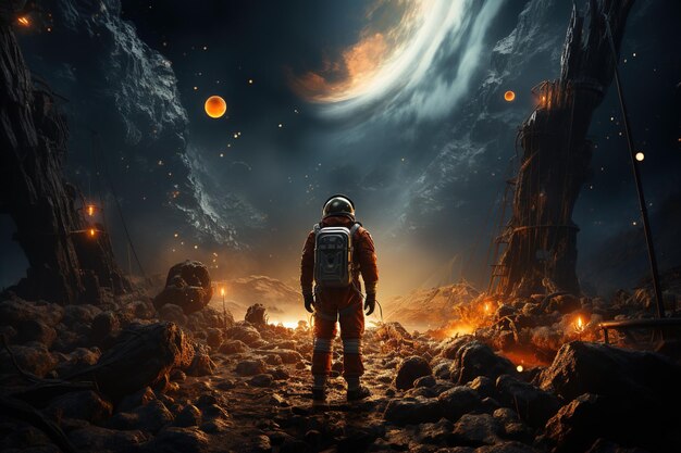 an astronaut standing in a barren area with a bright light coming from behind