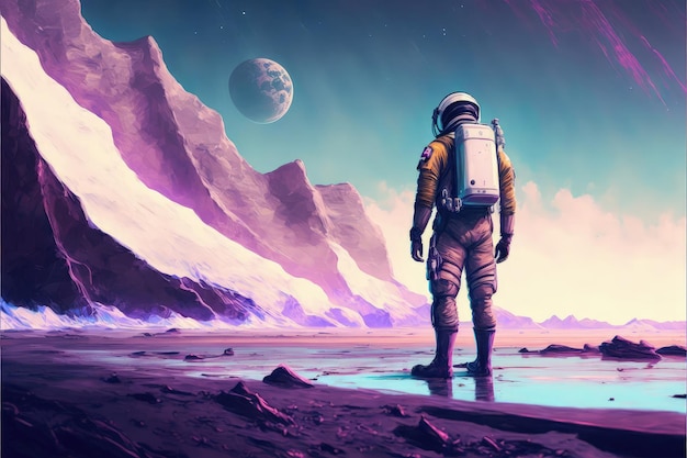 An astronaut standing by the ocean with a planet in the background Fantasy concept Illustration painting Generative AI