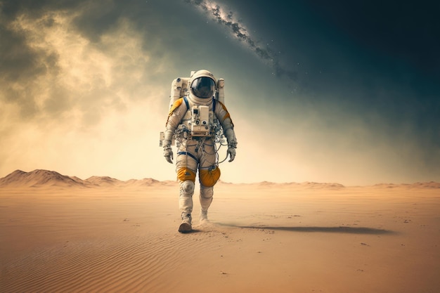 Astronaut Standing On A Deserted Land Exploring New Worlds Futuristic concept Generative AI