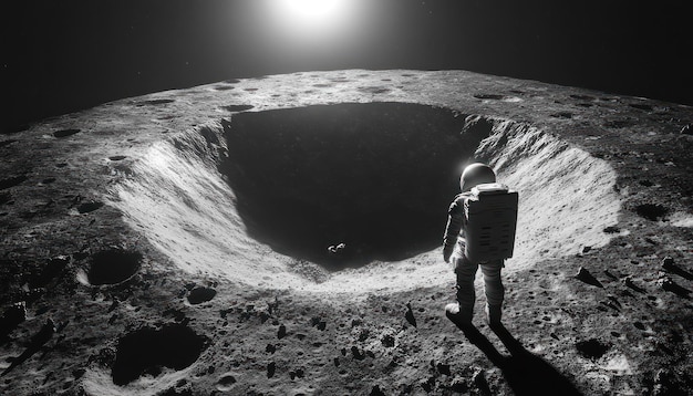 Photo astronaut standing at the edge of a large crater on a lunar surface