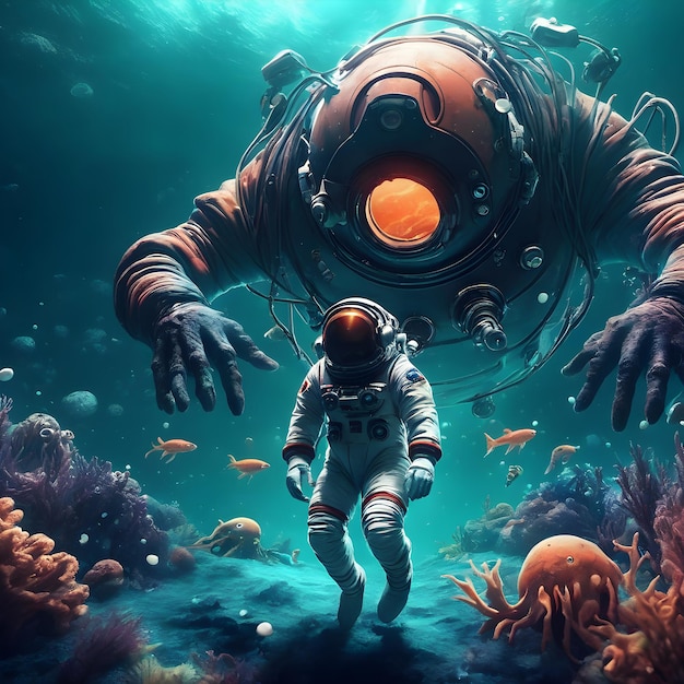 an astronaut standing in front of an underwater scene ai generative