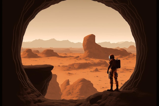 Astronaut standing looking at natural scenery in the new planet digital art style illustration painting fantasy concept of a spaceman in other planet