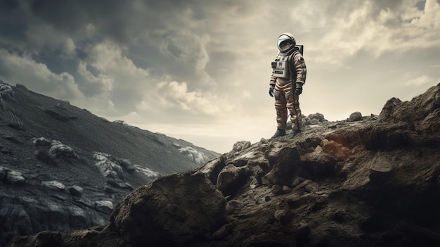 Astronaut standing on a mountain with mountains in the background