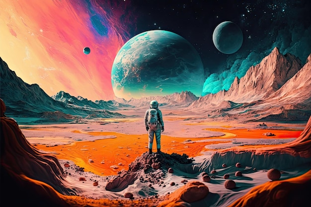 Astronaut Standing on a Mysterious Colorful Planet