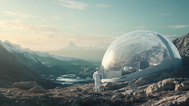 Astronaut Standing Outside a Dome on a Mountainous Alien Planet