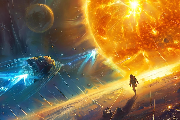 Photo astronaut standing on a planet with a burning sun in the background