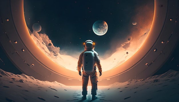 An astronaut standing in space facing towards the planets generative ai