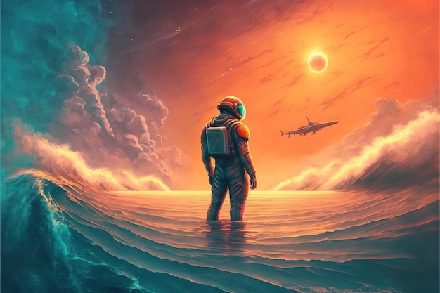 Astronaut standing in the strange sea and looking at the planet in the sky digital art style illustration painting fantasy illustration of an astronaut in the sea