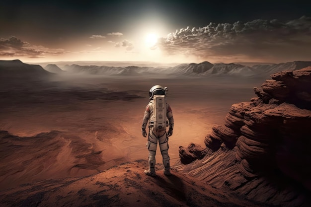 Astronaut standing in the sunset on planet Mars generative ai